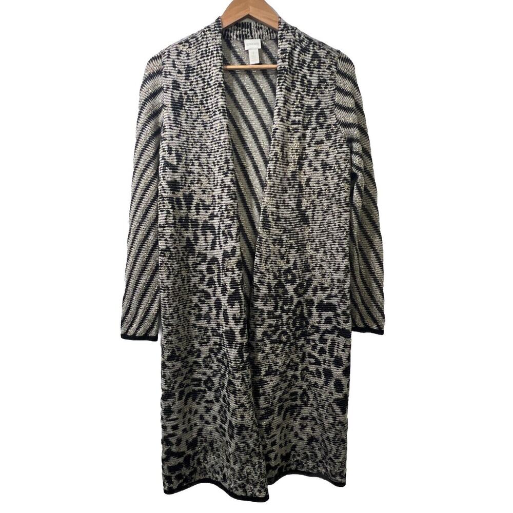 Chicos Women Pretty Beige Gold ￼Metallic ￼￼Open Long sleeve￼ Cardigan Sz 1